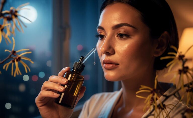 Illustration of alcohol-free witch hazel used overnight to naturally tighten skin and reduce the appearance of pores