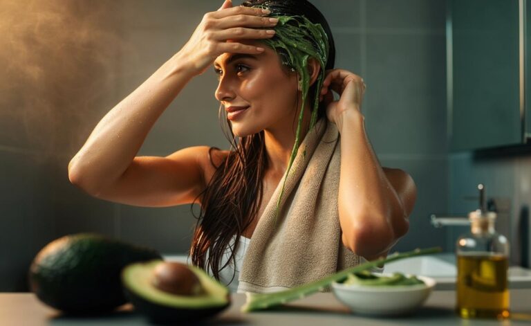Illustration of a person applying a homemade avocado hair mask to reduce hairfall and strengthen strands
