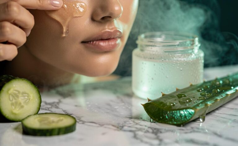 Illustration of cucumber slices and aloe vera gel applied under the eyes to reduce puffiness
