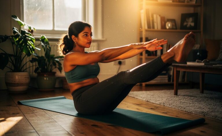 Illustration of a person practicing a 20-minute home yoga flow in a living room to help reduce belly fat without a gym membership