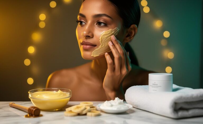 Illustration of a person applying a simple banana, yogurt, and honey fruit mask during an evening skincare routine for an overnight radiant glow