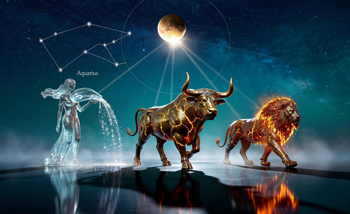 Illustration of Pluto's alignment in Aquarius on 11 January 2026 influencing Aquarius, Taurus, and Leo