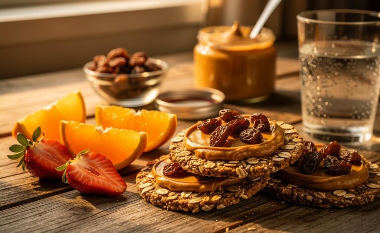 Illustration of a raisin and peanut butter snack paired with citrus fruit to boost iron levels