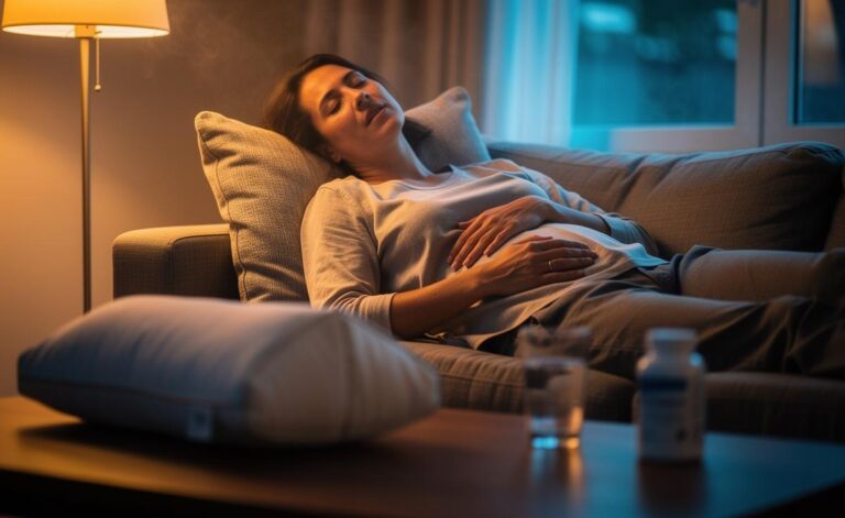 Illustration of a person leaning on their left side and practising diaphragmatic breathing to ease heartburn without antacids