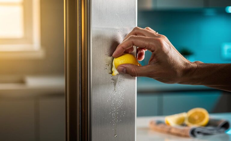 Illustration of using a lemon peel to polish and restore shine to a stainless steel surface