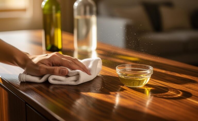Illustration of applying an olive oil and white vinegar polish to wooden furniture with a soft cloth for a lasting natural shine