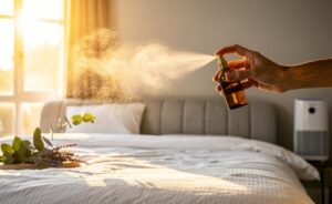 Illustration of an essential oil spray being applied to a bed to reduce dust mites and keep bedding fresh
