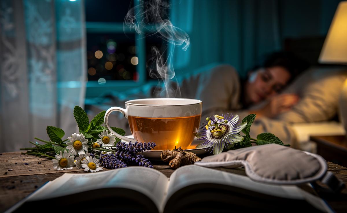 Illustration of a steaming cup of herbal sleep tea—chamomile, valerian, lemon balm, passionflower, and lavender—on a bedside table at night