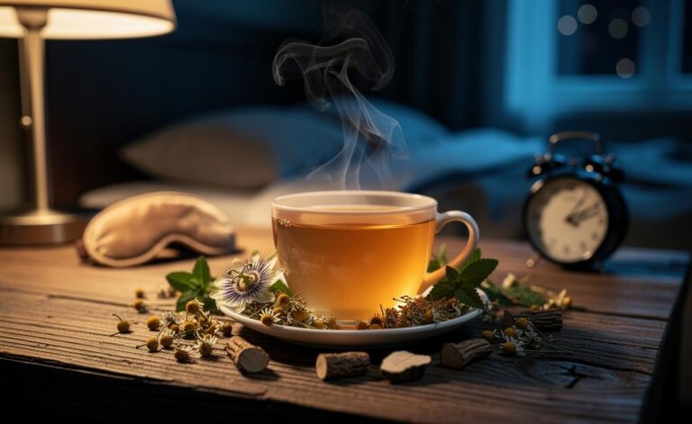 Illustration of [a steaming cup of herbal sleep tea with chamomile, lemon balm, valerian root, and passionflower on a bedside table at night]
