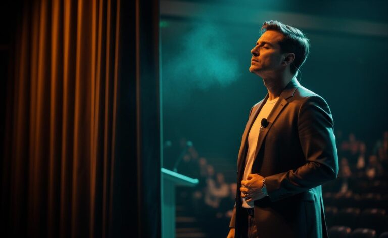 Illustration of simple breathing exercises to calm nerves before a big presentation