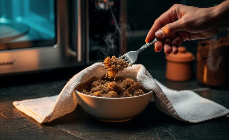 Illustration of clumped brown sugar being softened in the microwave with a damp paper towel