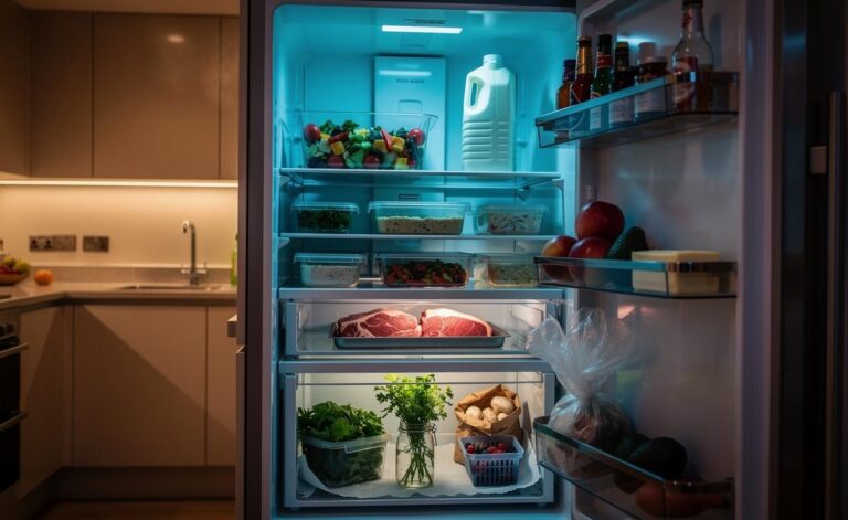 Illustration of simple, no-gadget refrigerator organization to prevent food spoilage, featuring zoned shelves, an “Eat Me First” box at eye level, raw meat contained on the bottom shelf, breathable storage for produce in the crisper, and clear airflow space