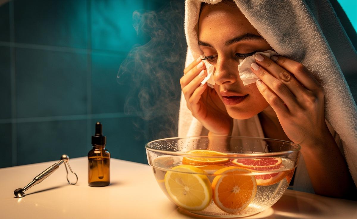 Illustration of an at-home steam citrus essence blackhead extraction with a bowl of warm water, citrus peels, a towel tent, and gentle tissue-wrapped pressure