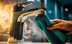 Illustration of hot vapour lifting limescale from a bathroom tap