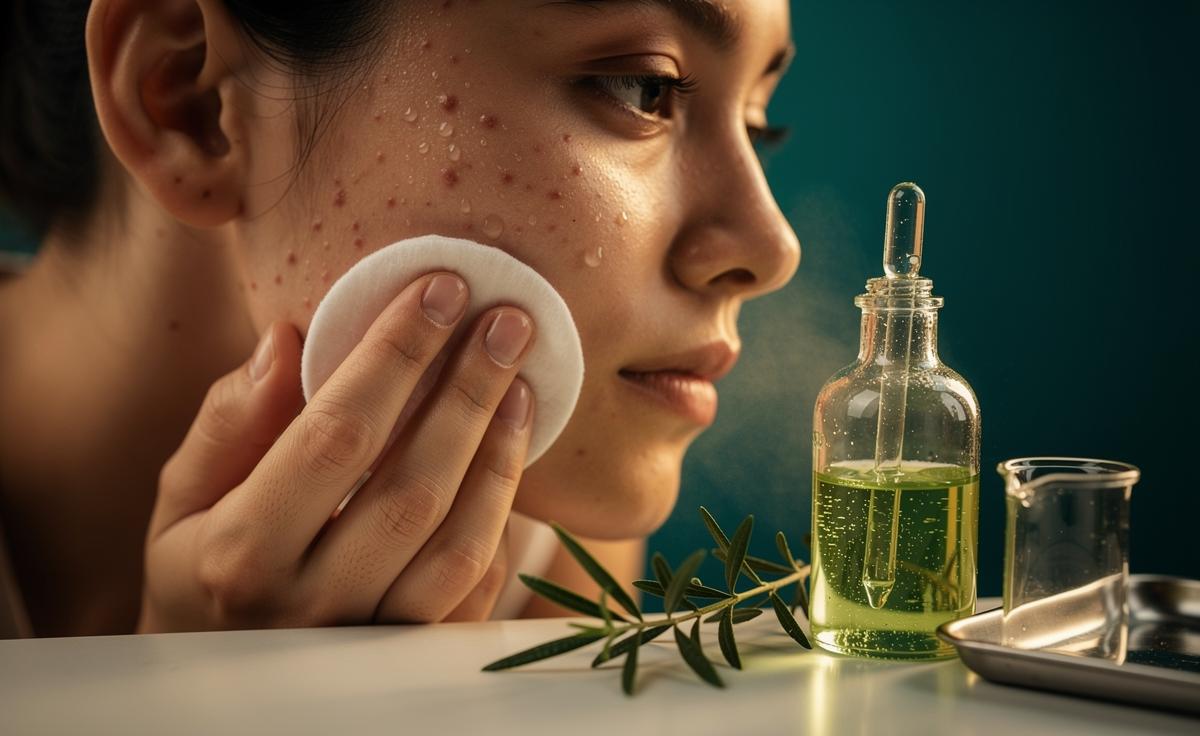 Illustration of a tea tree toner being applied to acne-prone facial skin