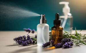 Illustration of lavender essential oil with fresh lavender sprigs used as a natural alternative to hand sanitiser, combining antimicrobial action with a calming aroma