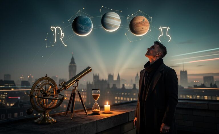 Illustration of the astrological alignments on 1 January 2026—Capricorn Sun, Pluto in Aquarius, Jupiter in Cancer, and Saturn in Aries