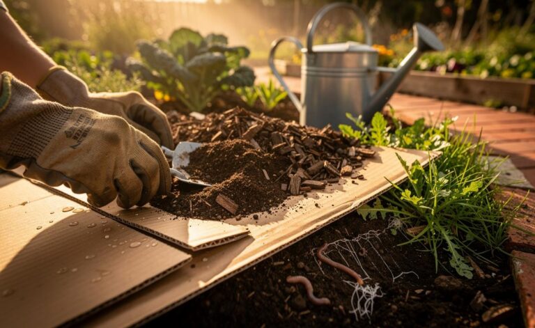 Illustration of the cardboard-layer trick that blocks light to weaken and suppress garden weeds