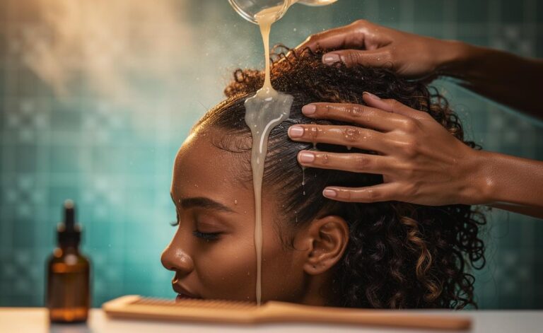 Illustration of a castor oil rinse being applied to the scalp to relieve dryness and flakes in one wash