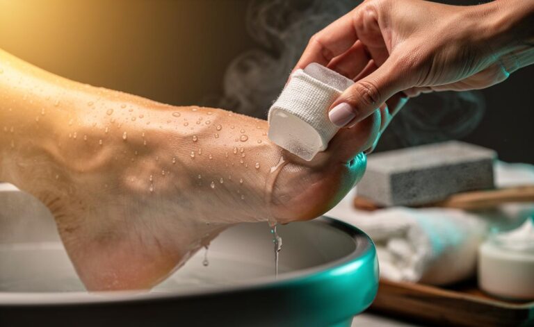 Illustration of a wrapped ice cube being used to gently exfoliate rough heels after a warm foot soak