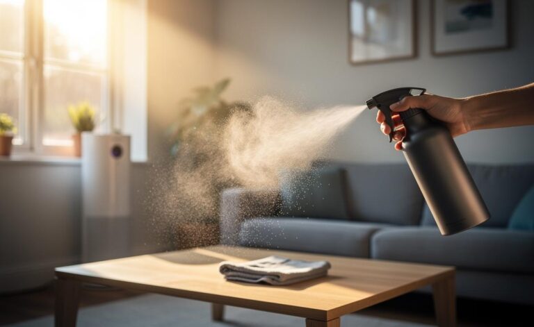 Illustration of a cold-mist spritz reducing indoor dust as moisture binds airborne particles before settling