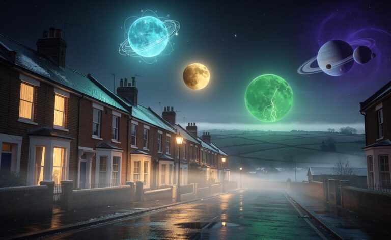 Illustration of the New Year’s night sky over the United Kingdom on 1 January 2026, symbolically mapping Pluto in Aquarius, Jupiter in Cancer, Uranus in Taurus, and Saturn–Neptune at the Pisces–Aries threshold