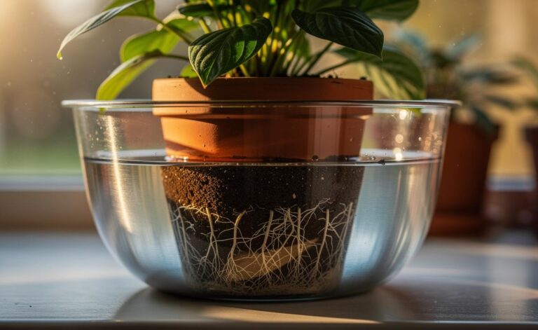 Illustration of a dry pot set in a deep-watering bowl for bottom hydration, rewetting compost and strengthening root systems.