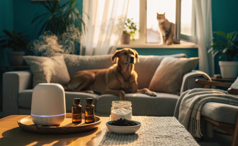 Illustration of essential oils and a diffuser being used to banish pet odours for a fresh, pet-friendly home