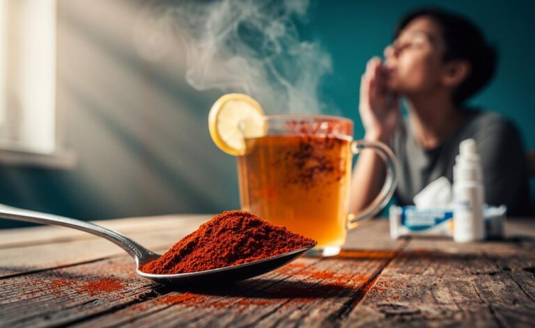 Illustration of cayenne pepper and hot lemon tea relieving nasal congestion and improving breathing