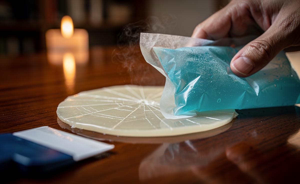 Illustration of a frozen pack pressed over hardened candle wax to lift it cleanly via cold contraction