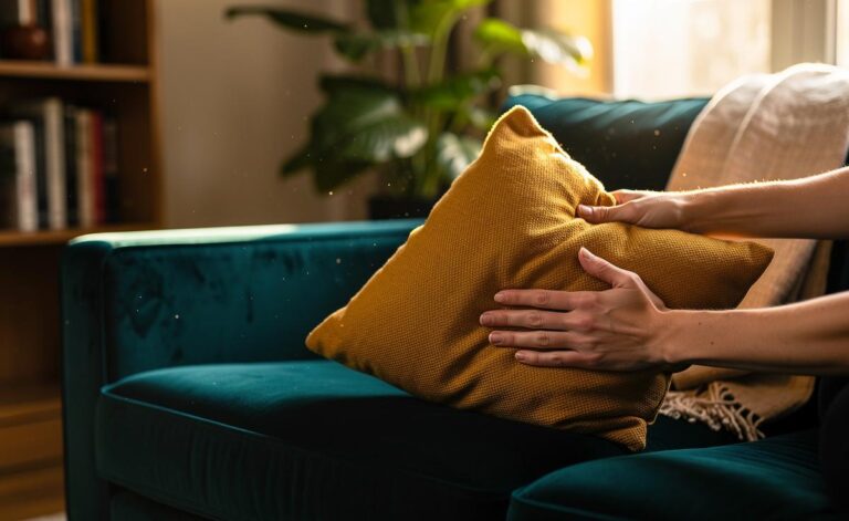 Illustration of hands applying the gentle tug method with light pressure to a sofa cushion to redistribute fill and maintain fluffiness