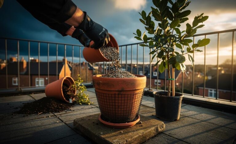 Illustration of a potted plant stabilised with a gravel base that adds weight to lower the centre of gravity and prevent tipping