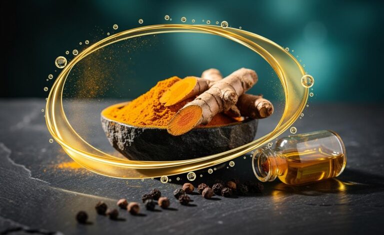 Illustration of turmeric root and powder paired with black pepper and oil to enhance curcumin absorption for immune support