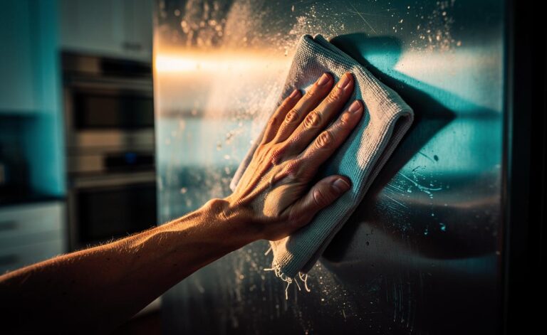 Illustration of a hand using a microfiber cloth to apply focused friction along the grain on a stainless steel appliance to lift grime and reduce streaks