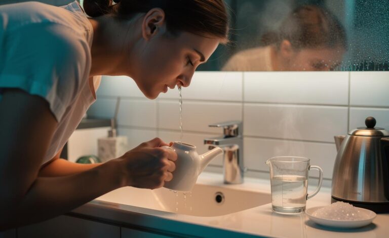 Illustration of a person leaning over a sink using a neti pot to rinse their sinuses with boiled then cooled water and salt