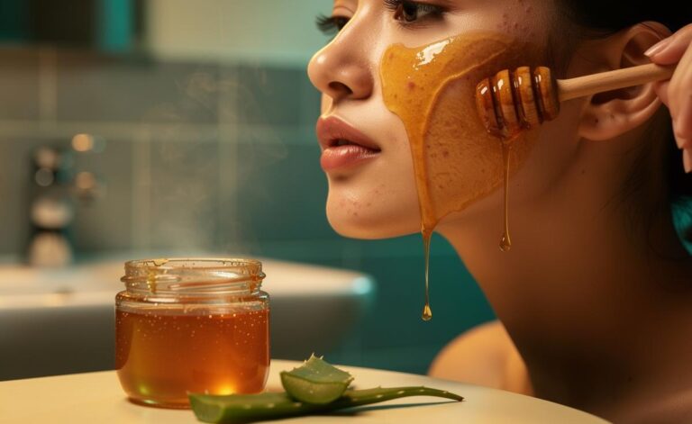 Illustration of a Manuka honey face mask being applied to acne-scarred skin as a one-week antibacterial treatment