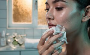 Illustration of a person gently massaging the face with a wrapped ice cube to tighten the appearance of pores