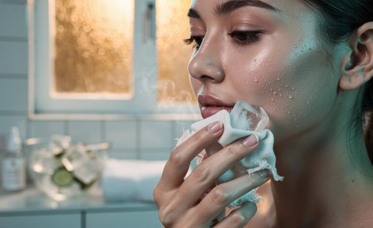 Illustration of a person gently massaging the face with a wrapped ice cube to tighten the appearance of pores