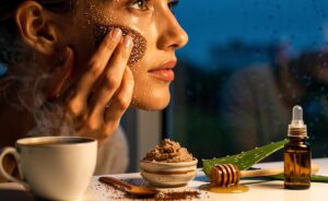 Illustration of an instant coffee facial scrub being gently massaged onto the face to reveal glowier, less puffy skin
