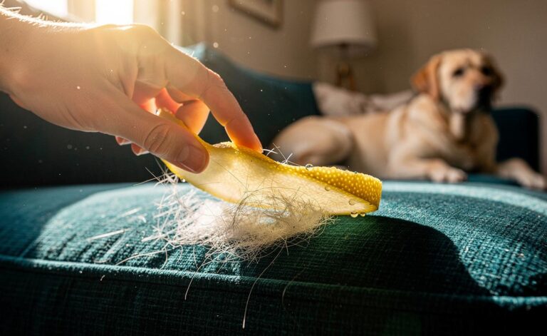 Illustration of a lemon peel being used to remove pet hair from an upholstered sofa