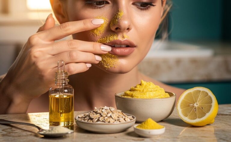 Illustration of a lemon peel scrub made from lemon peel powder, yoghurt, oatmeal, and jojoba oil being gently applied to the T-zone to reduce blackheads