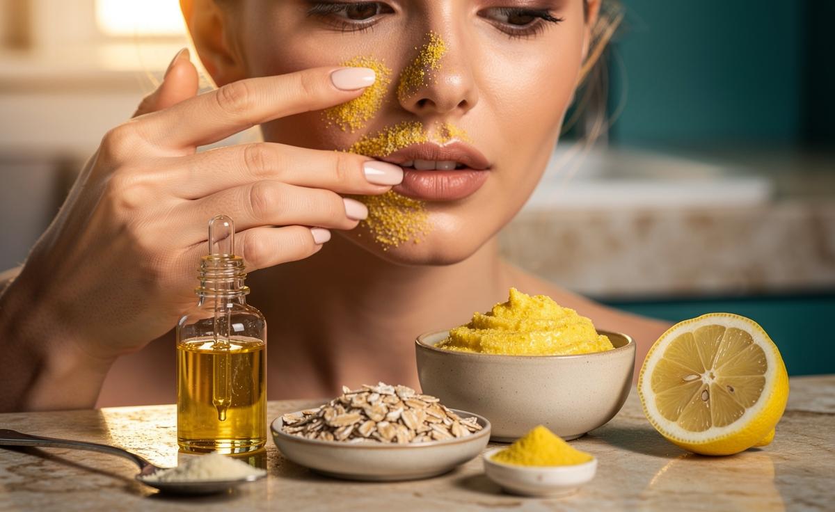 Illustration of a lemon peel scrub made from lemon peel powder, yoghurt, oatmeal, and jojoba oil being gently applied to the T-zone to reduce blackheads