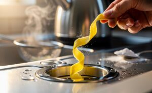 Illustration of lemon zest being twisted over a kitchen sink drain to release citrus oils and eliminate odours