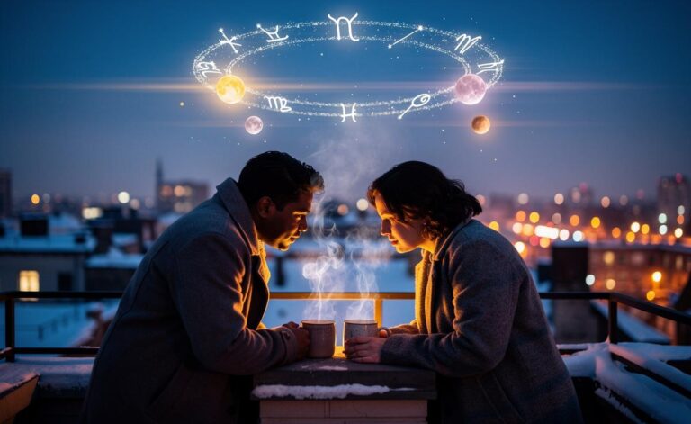 Illustration of the zodiac wheel and planetary markers highlighting 14 January 2026, emphasising love themes and clear communication for all signs