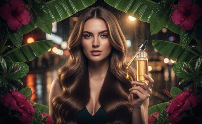 Illustration of the miracle hair elixir from tropical leaves that keeps frizz at bay