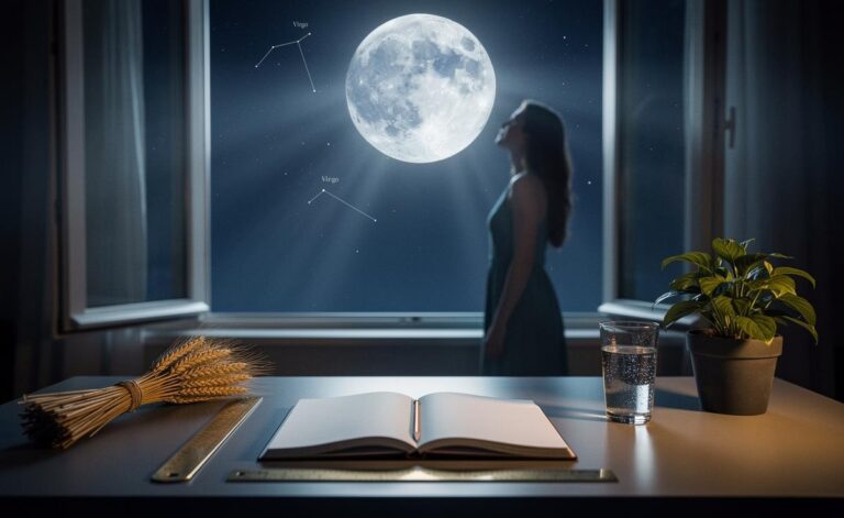 Illustration of the Moon entering Virgo on 8 January 2026, symbolising a practical daily horoscope focused on precision, routines, and grounded decisions
