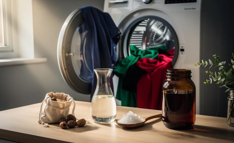 Illustration of a natural, colour-safe laundry routine using soap nuts, sodium citrate, and a vinegar rinse that restores clothes’ lustre without fading colours