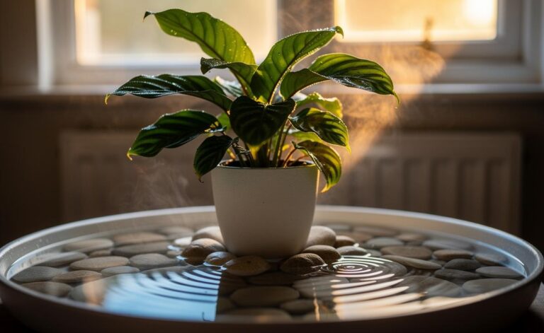 Illustration of a houseplant pot resting on pebbles above water in a tray, showing evaporation that boosts local humidity