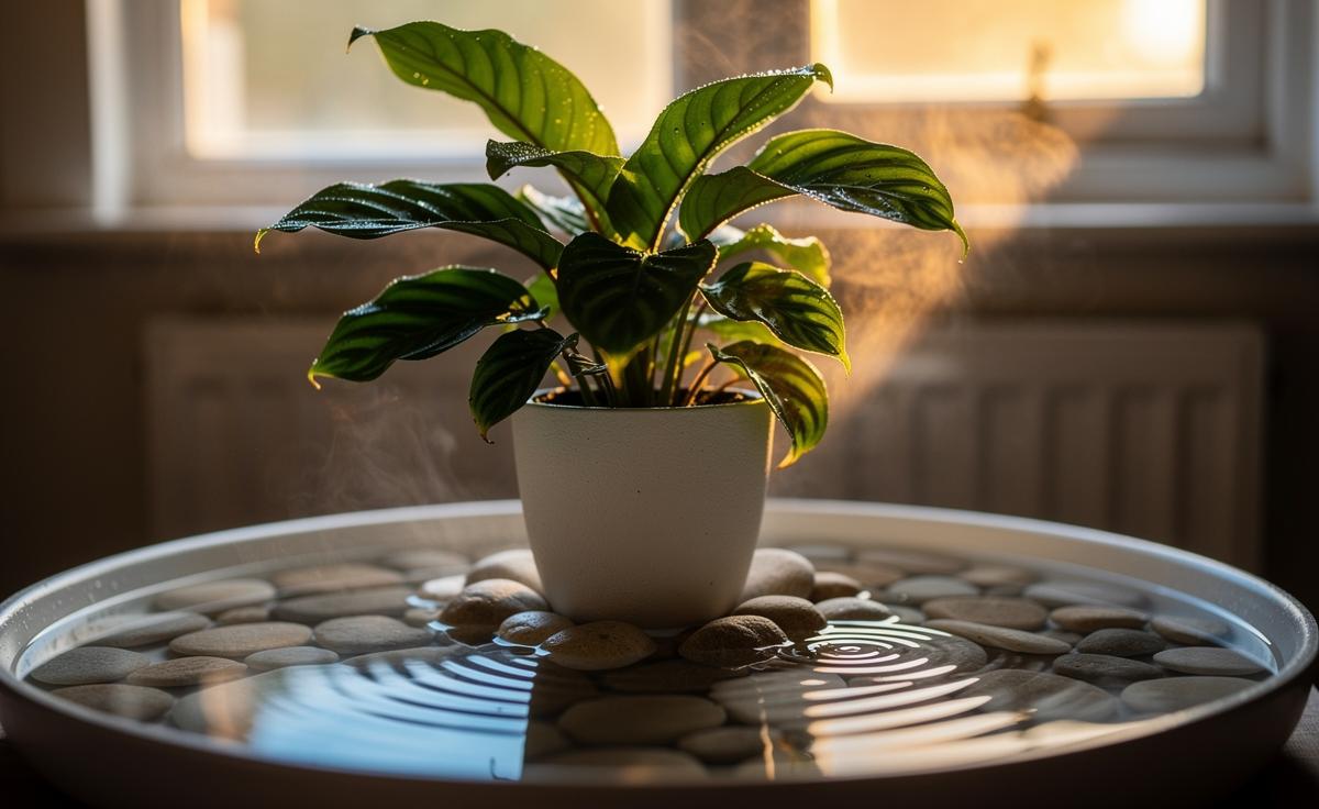 Illustration of a houseplant pot resting on pebbles above water in a tray, showing evaporation that boosts local humidity