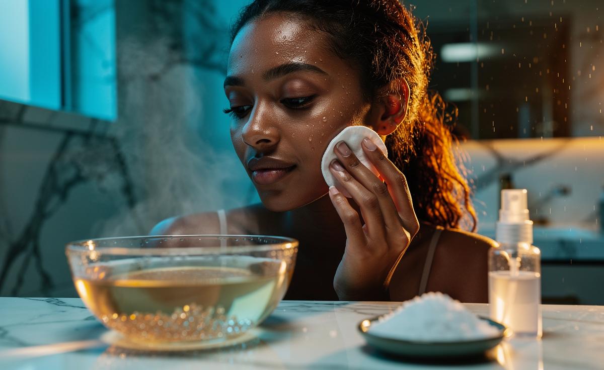 Illustration of a diluted sea salt facial cleanse to brighten dull skin overnight